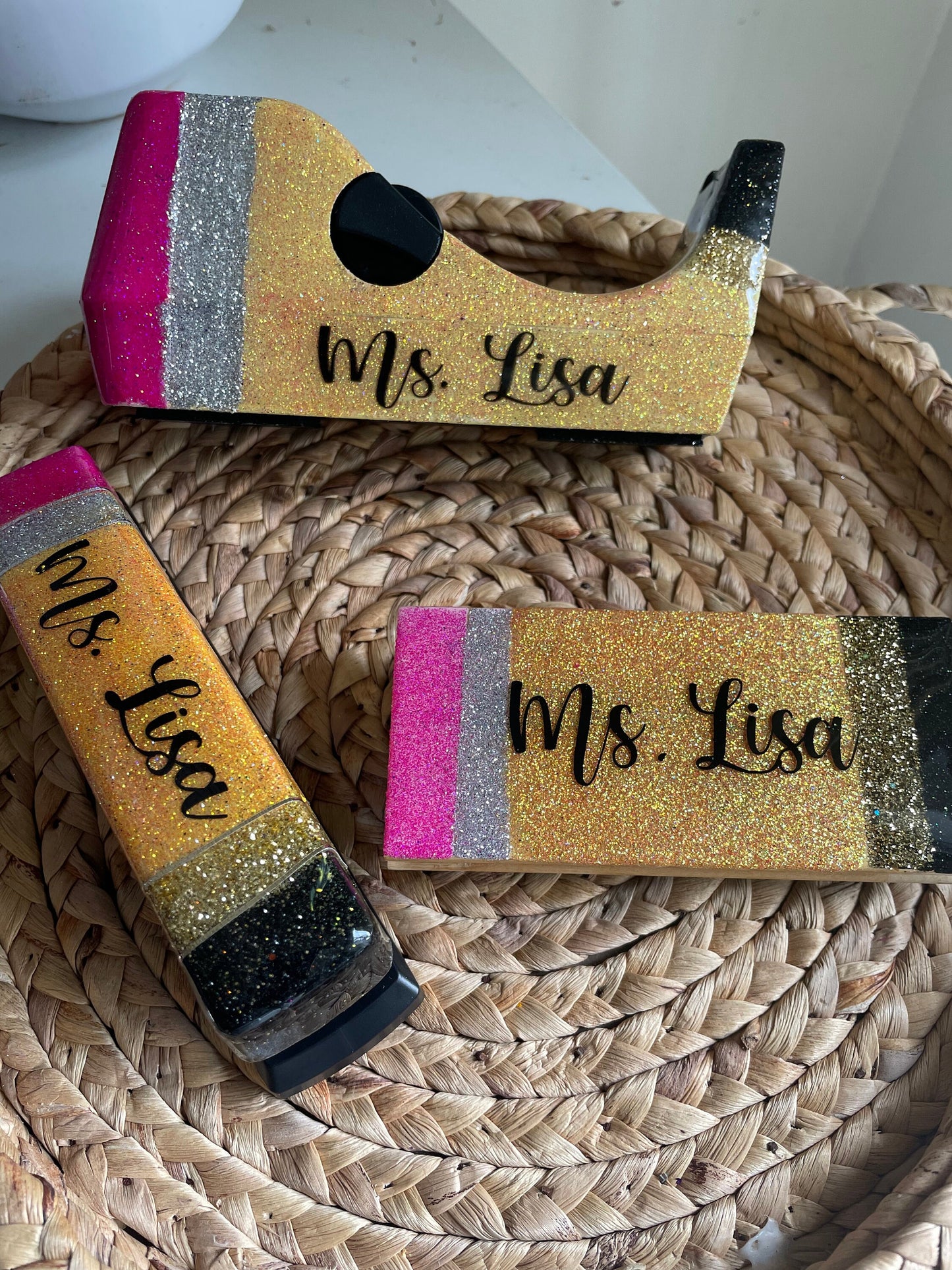 Glitter tape dispenser, pencil tape dispenser, teacher desk accessories