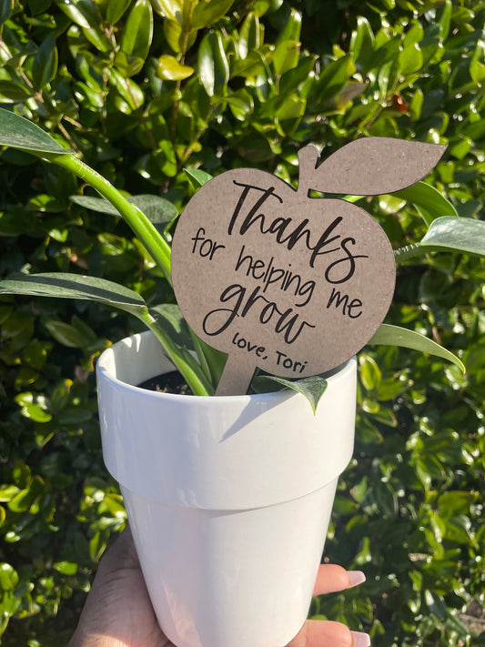 Teacher plant sign, plant marker, plant stake, thanks for helping me grow, gift for teacher, teacher appreciation gift, end of year gift